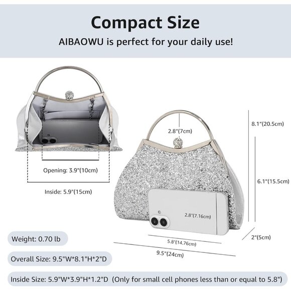 Women's Silver Sparkly Evening Chain Strap Fashionable Shoulder Clutch Bag - Picture 5 of 7